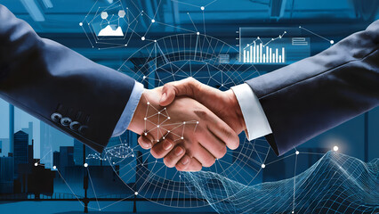 Two businesspeople shaking hands, surrounded by a digital overlay of graphs and data points, conveying themes of partnership, technology, and business analytics.