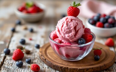 A delightful bowl of raspberry sorbet topped with fresh strawberries and blueberries, served on a rustic wooden surface