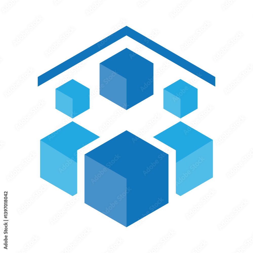Poster this is a flat logo design of a group of abstract people in block shape inside a house.