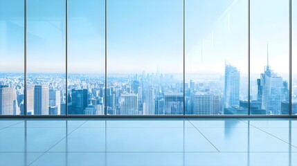 Bright Open Office Space with Glass Walls Overlooking Cityscape