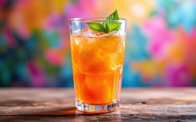 A refreshing drink with ice and mint, set against a vibrant, colorful background