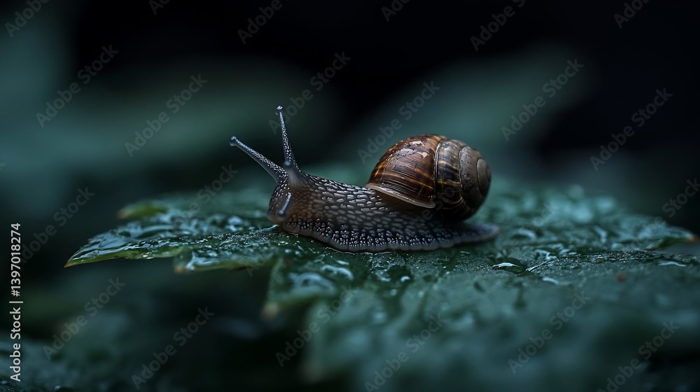 Poster close-up of a small snail crawling on a dark green leaf covered in water droplets. the background is