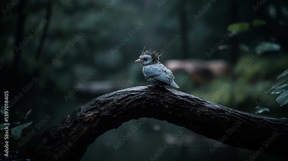 Poster a small, grey bird with a unique crest perches on a rain-soaked branch over dark water. the forest b
