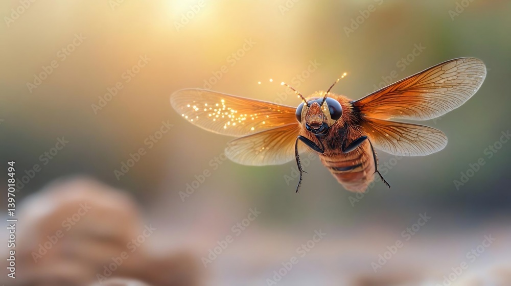 Poster close-up of a flying insect with orange and brown wings, sparkling particles, and a blurred backgrou