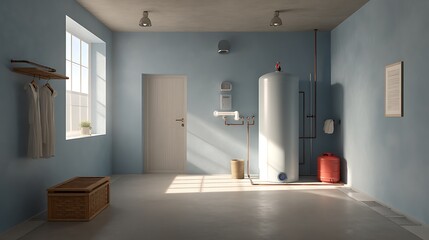 Modern Home Utility Room with Water Heater Tank and Plumbing System Sunlight Streams Through Window