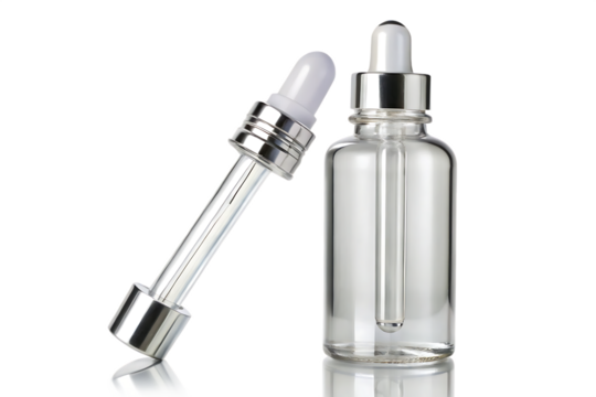 clear glass dropper bottle with pipette isolated on white background PNG. GENERATIVE AI