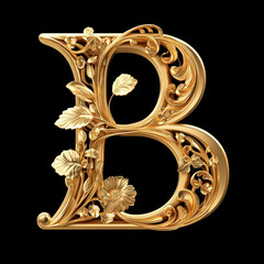 Ornate Golden Letter B with Floral Embellishments on Black Background