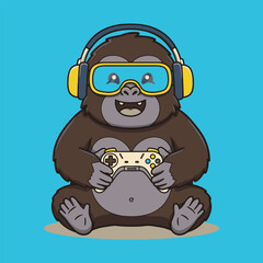 Cartoon gamer gorilla with headphones playing video games illustration for kids and gaming content