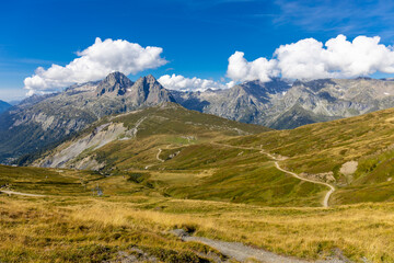 Mont Blanc, Monte Bianco mountain summit snow dome above the Chamonix valley in France. Highest peak in Europe in the Alps, alpine scenic view of Montblanc