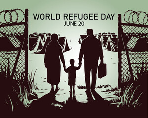 Vector illustration, silhouettes of refugee families walking towards a refugee camp, as a banner, poster or template for world refugee day.
