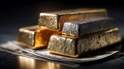 Stack of Gold and Silver Bullion Bars Resting on US Dollar Bills Precious Metals Investment Concept