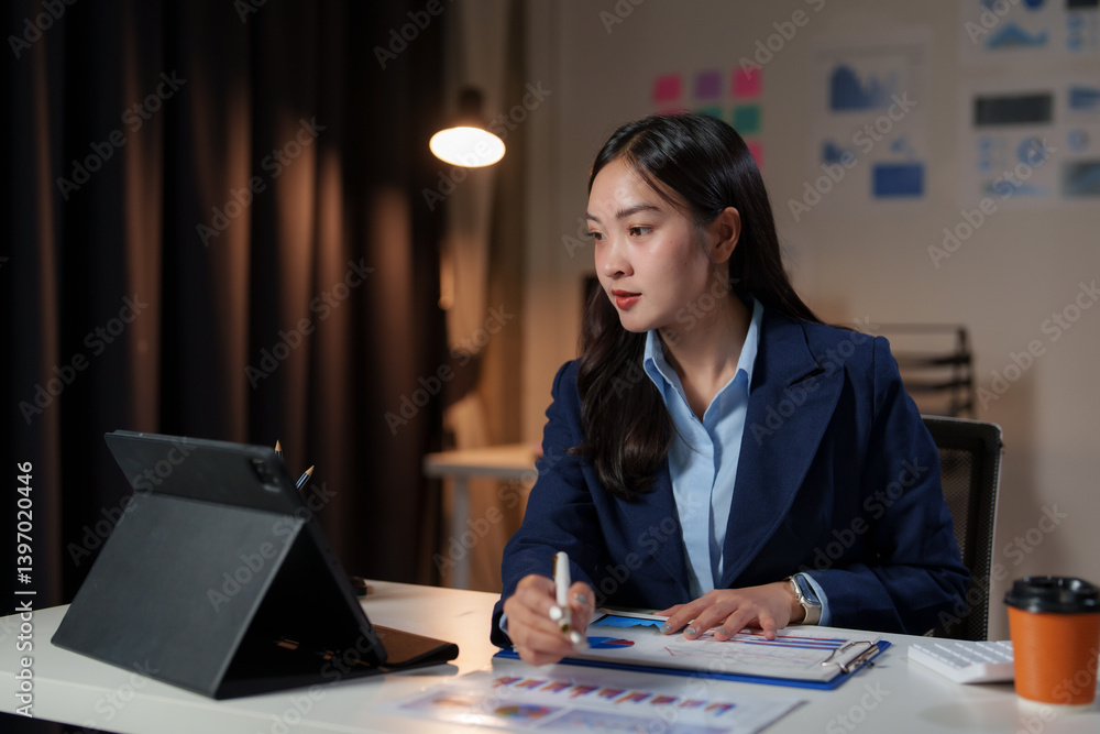 Poster young professional woman analyzing financial data on a tablet while reviewing paper charts, working 