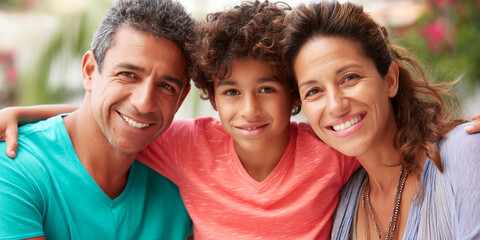 Fototapeta premium Close-up of a happy family: parents and son smiling together, showcasing family unity and love, ideal for family, togetherness, and happiness concepts