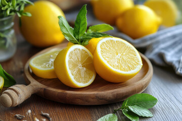 Freshly cut lemons on a wooden board surrounded by whole lemons and mint leaves in a cozy kitchen setting