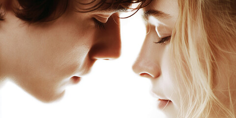 Obraz premium Close-up of two faces, foreheads touching, eyes closed, symbolizing intimacy and connection, ideal for Valentine's Day or relationship themes