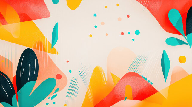 Kenmima-style vibrant pet motif illustrations with abstract organic shapes in orange, yellow, teal on cream background with central copy space