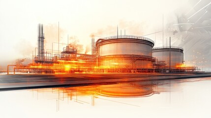 Obraz premium The illustration depicts an oil storage tank facility with pipelines on a clean white background, highlighting its industrial design