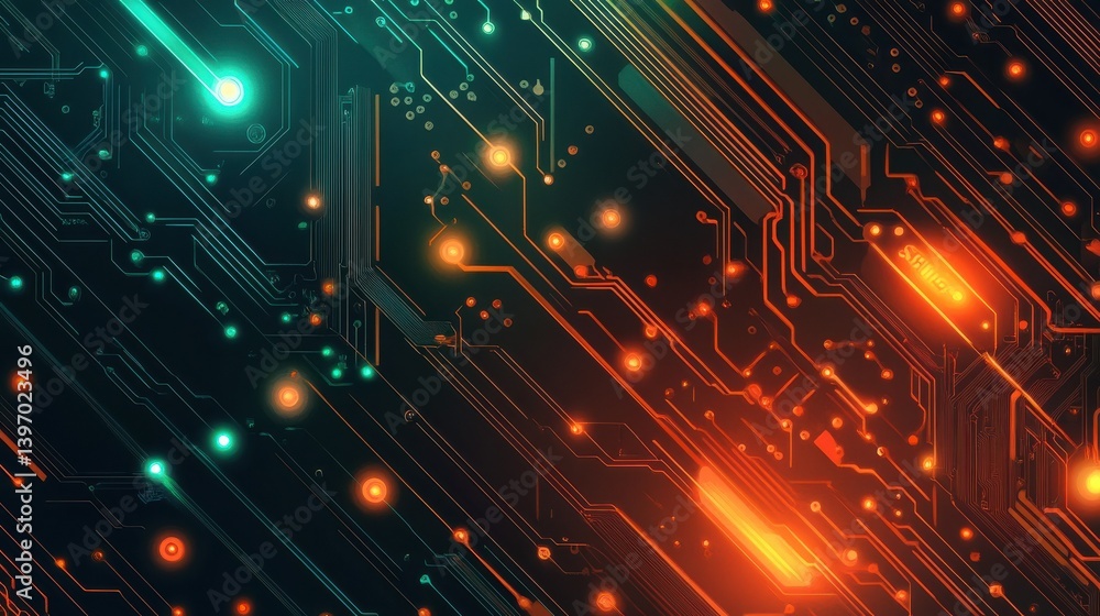 Aufkleber close-up view of a glowing computer microchip on a circuit board, showcasing intricate electronic co