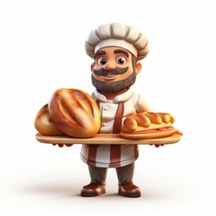 A cheerful cartoon baker proudly presents a wooden tray filled with freshly baked bread rolls and a delicious baguette, showcasing his delightful low poly 3D rendered bakery goods.