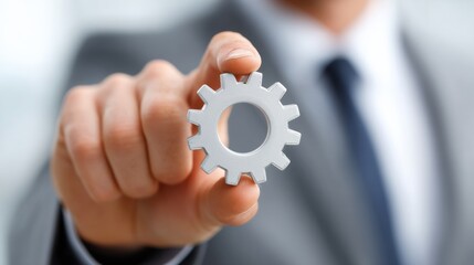 Businessman holding a gear symbolizing teamwork or innovation.