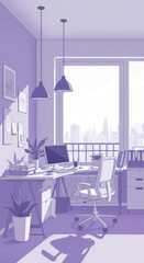 Fototapeta premium Serene Home Office: Modern Workspace with City View, Minimalist Decor & Inspiring Design | Work From Home Goals