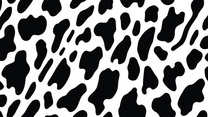Vector cow print pattern background. Black irregular patches on white backdrop. Abstract cows skin texture illustration. Hand drawn design. Farm animal print