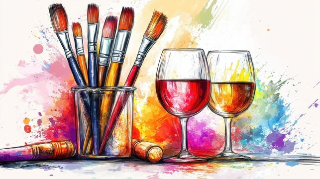 Art and wine night banner with paintbrushes, wine glasses, and creative splashes of color, ready to advertise summer sip and paint deals illustration