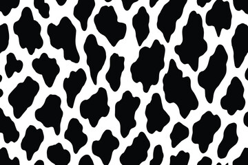 Vector cow print pattern background. Black irregular patches on white backdrop. Abstract cows skin texture illustration. Hand drawn design. Farm animal print