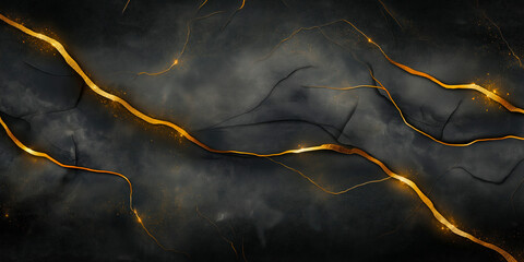 Elegant black marble texture with glowing golden cracks creating a luxurious and artistic effect