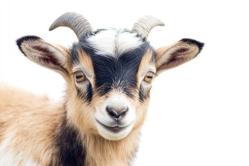 Cute baby goat portrait, farm animal, white background, idyllic scene, perfect for children's books