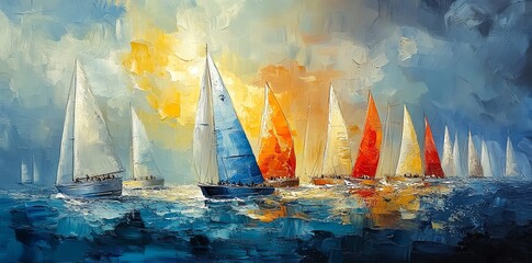 Vibrant oil painting of sailboats racing at sunset creates a dynamic and energetic mood Perfect for home decor or nautical-themed projects