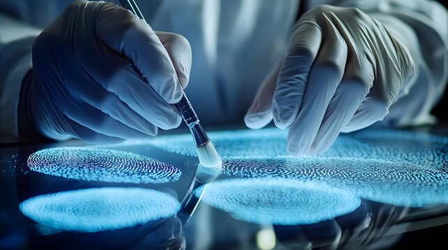 A forensic scientist analyzing fingerprints on a glass surface using forensic powder and a special brush, wearing protective gloves and a white lab coat