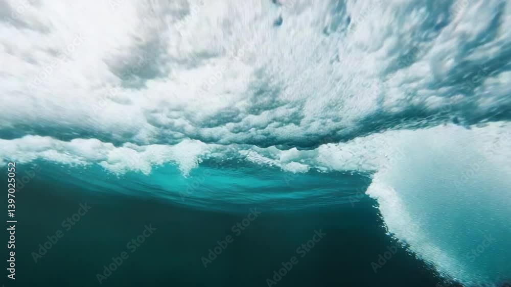 Poster underwater scene with powerful waves and bubbles, sunlight filtering through the ocean's surface, cr