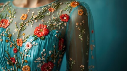 Intricate floral embroidery adorns a sheer, elegant gown in shades of teal and orange.