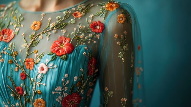 Intricate floral embroidery adorns a sheer, elegant gown in shades of teal and orange.