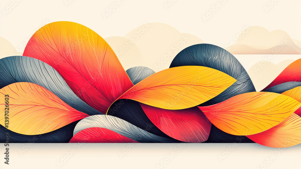 Poster vibrant stylized illustration of overlapping colorful leaves with central copy space against muted c