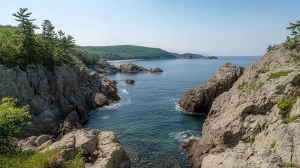Obraz premium Panoramic View of Rocky Coastline with Clear Blue Water