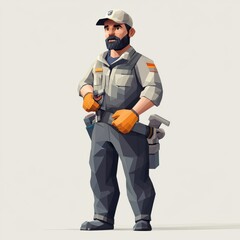 A low-poly stylized illustration of a confident plumber, ready for work, carrying essential tools including a pipe, showcasing a strong and reliable professional in a modern