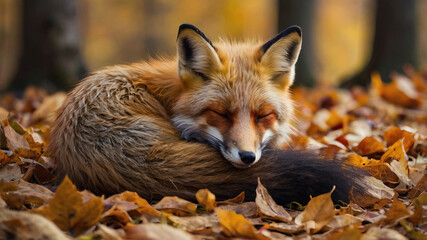 Fototapeta premium Close-up of a Red Fox Curled Up Sleeping Peacefully in a Forest Bed of Autumn Leaves