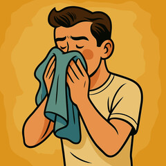 Man drying his face with towel, expressing refreshment, against yellow background  