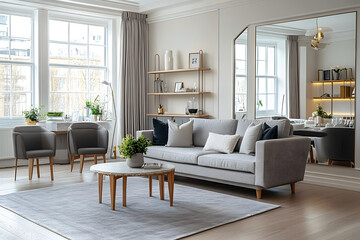 Interior of light living room with grey sofa, workplace and mirror