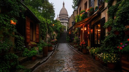 Fototapeta premium Parisian alleyway lined with flowers and shops, leading to a church