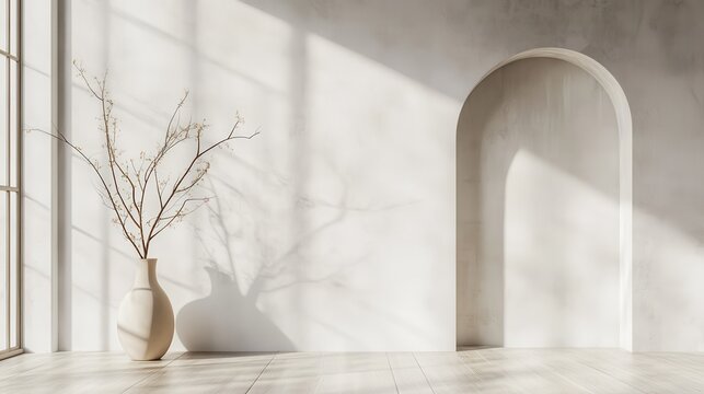 Modern Living Room Interior with Arch Door, Wooden Floor, and Vase with Branch. White Concrete Wall Background with 3D Rendering illustration