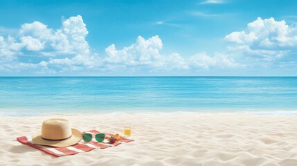 Tranquil Beach Scene with Hat and Drink on Sandy Shoreline