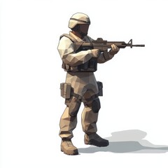 A low-poly model of a soldier in full tactical gear stands ready, aiming his rifle with precision against a stark white background showcasing detailed polygonal textures and