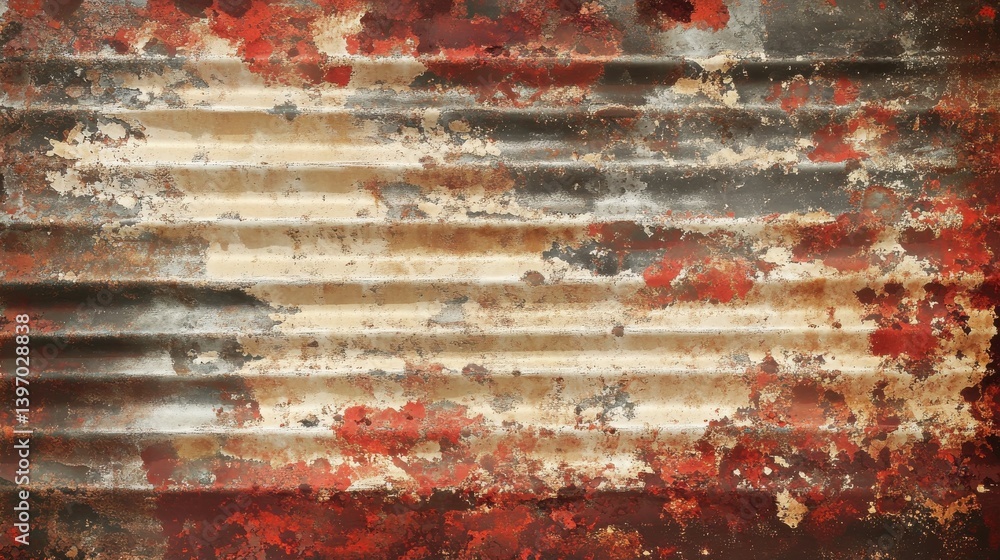 Aufkleber horizontal oriented galvanized corrugated tin iron with scattered rust spots and a worn metallic app