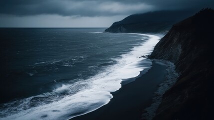 Fototapeta premium Dark and Dramatic Coastal Landscape with Stormy Waves and Cloudy Sky Over Serene Shoreline