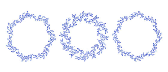 Mediterranean blue olive branches circle frame set. Hand drawn round line border, leaves and flowers, wedding invitation and cards, logo design and posters template. Elegant minimal style floral set