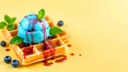 Delicious Waffle Dessert with Blue Ice Cream and Fresh Blueberries
