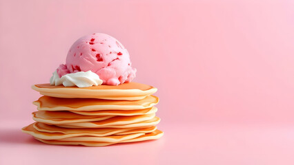Delicious Pancake Stack with Strawberry Ice Cream and Whipped Cream